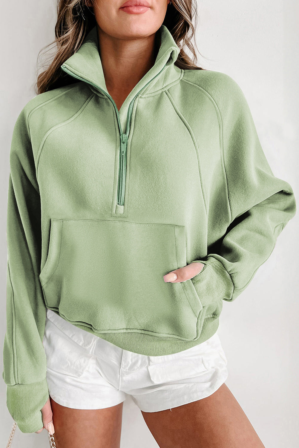 Phalaenopsis Fleece Lined Zip Up Stand Collar Thumbhole Sleeve Sweatshirt