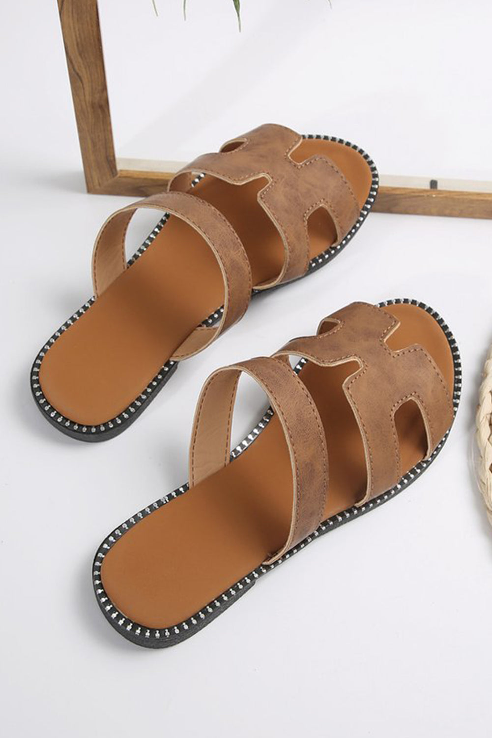 Brown Cut Out H Shape Band PU Leather Slippers