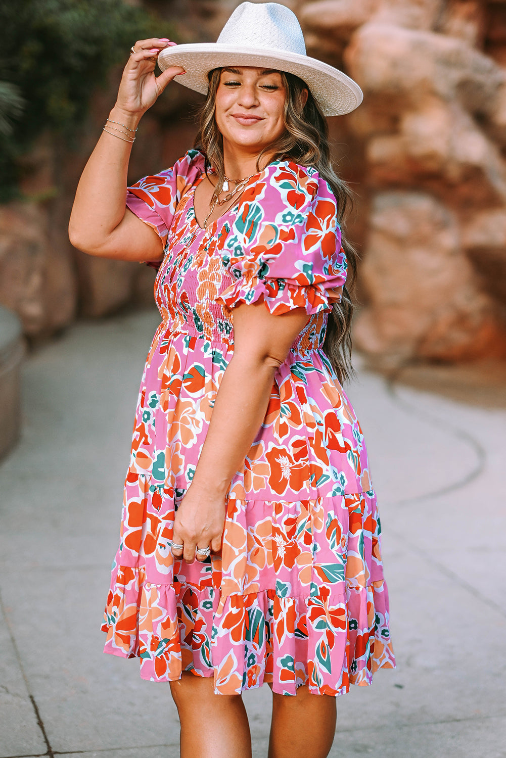 Pink Plus Size Floral Print Smocked Ruffle Tiered Dress