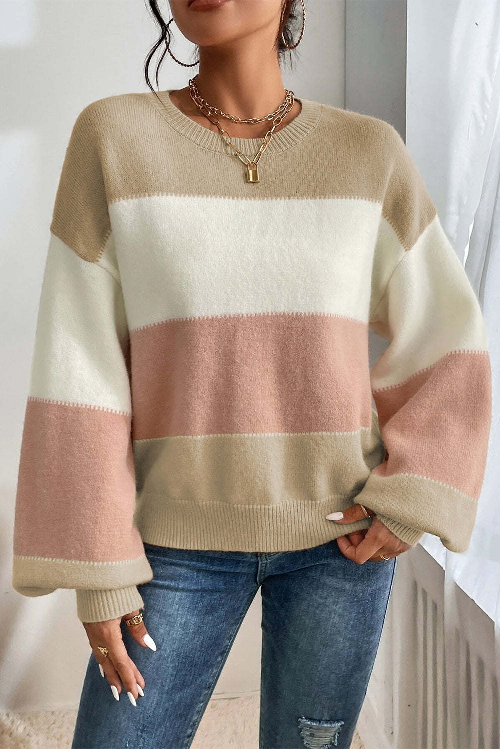 Dusty Pink Color Block Lantern Sleeve Drop Shoulder Sweater