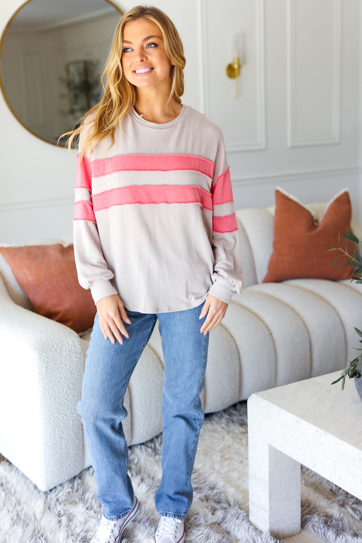 Rally Day Taupe & Coral Game Day Stripe Outseam Terry Top