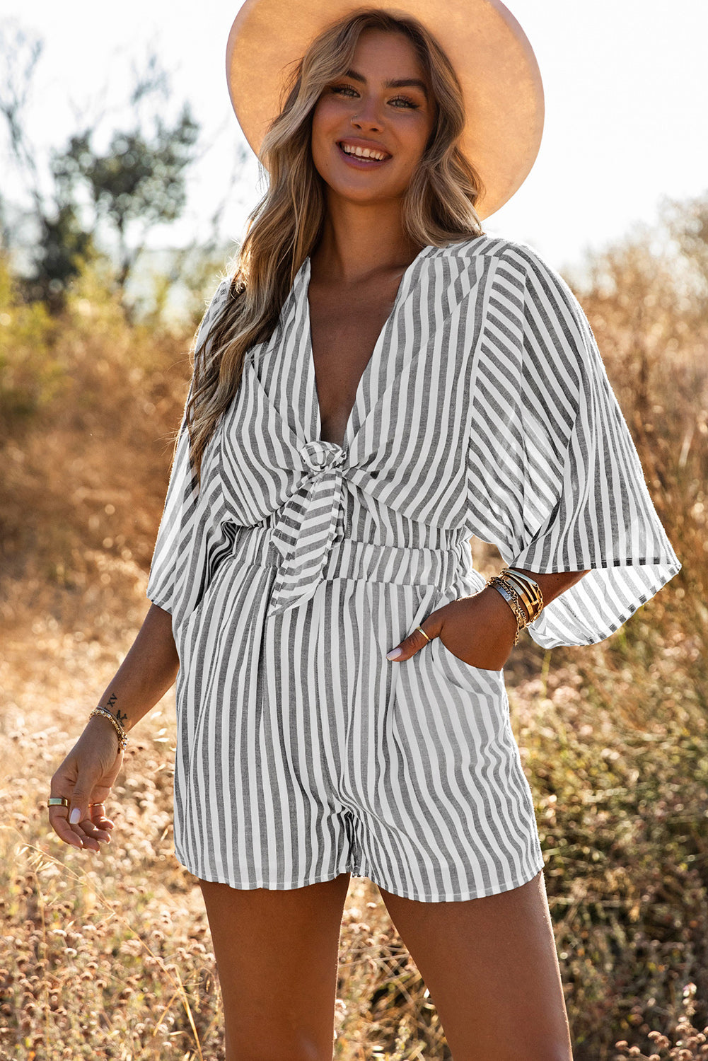 Gray 3/4 Wide Kimono Sleeves Tie Front Striped Romper with Pockets