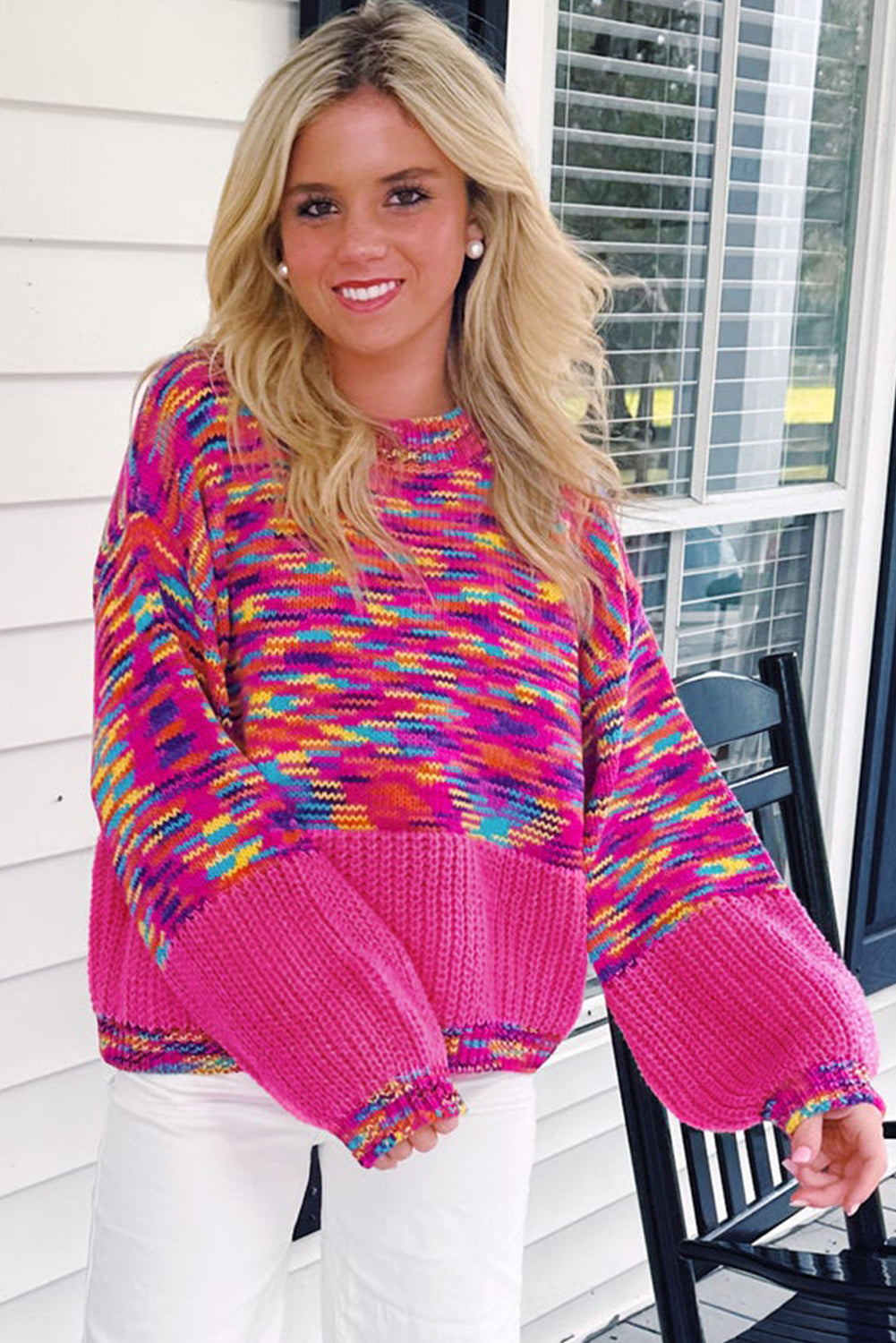 Bright Pink Rainbow Confetti Drop Shoulder Sweater