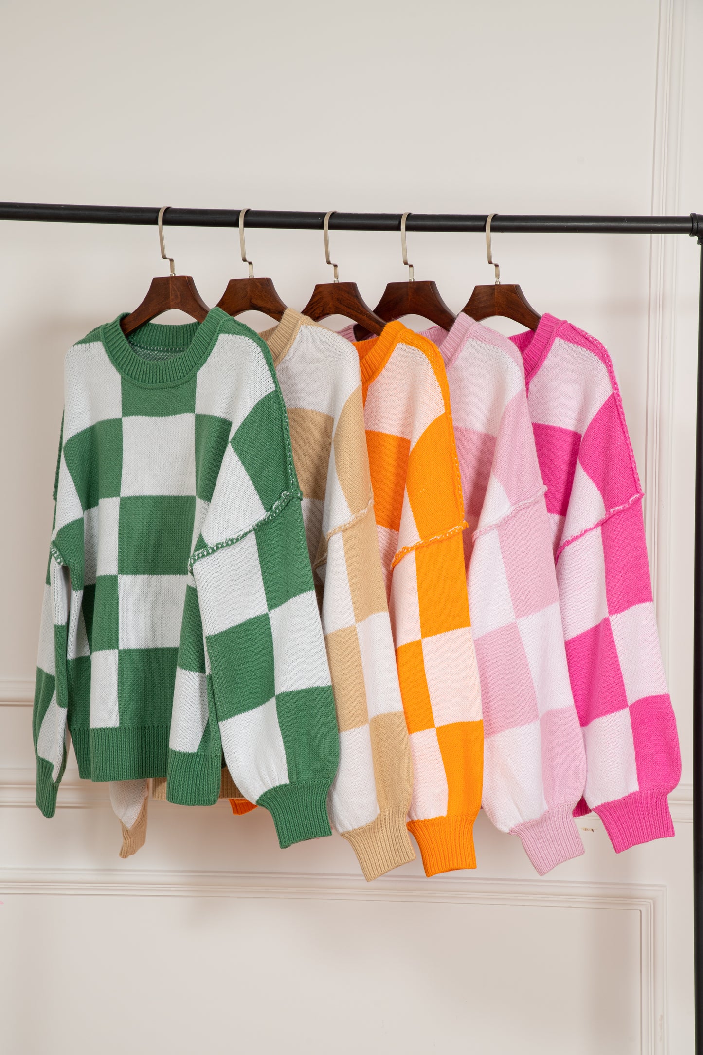 Rose Stripe Checkered Bishop Sleeve Sweater