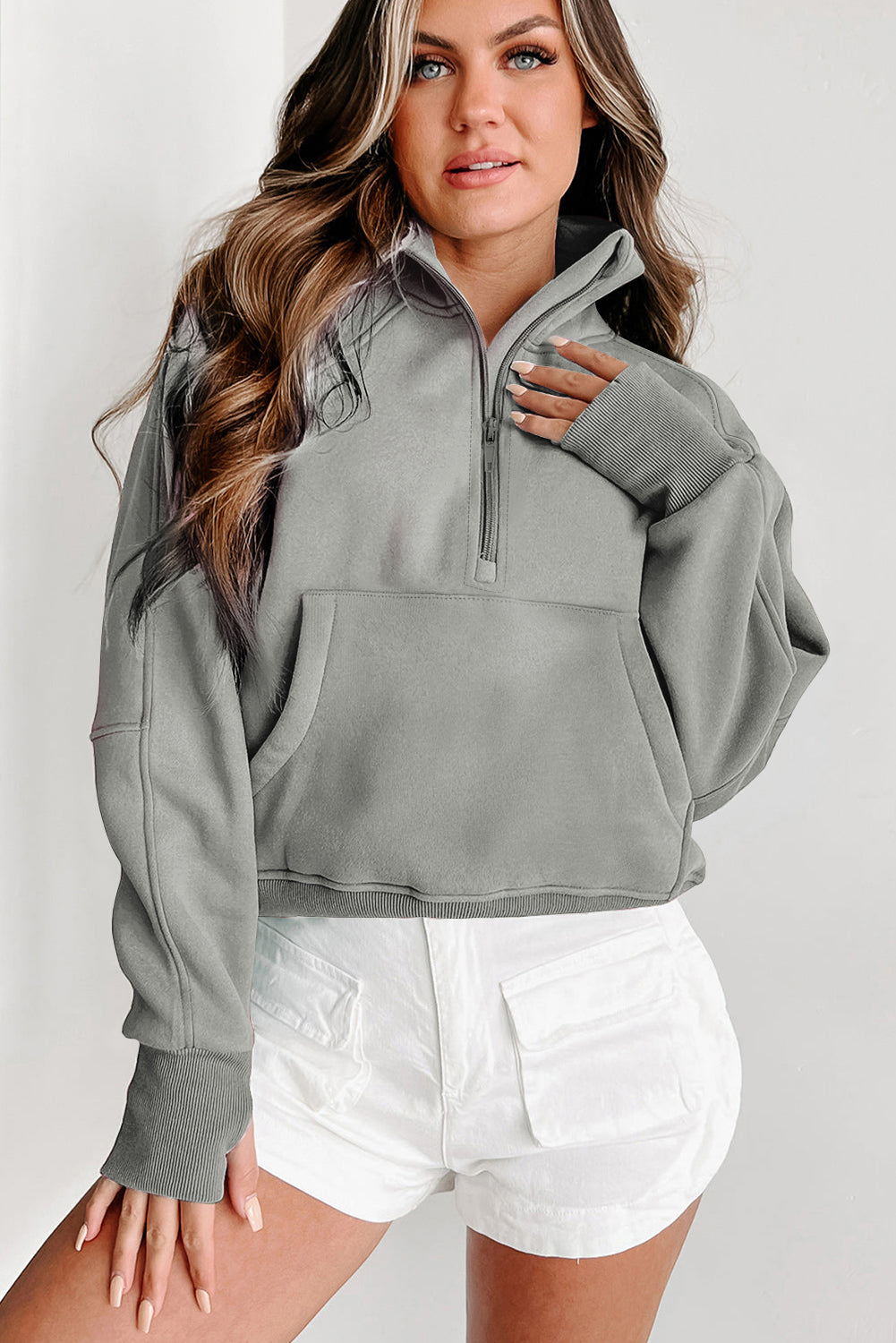 Phalaenopsis Fleece Lined Zip Up Stand Collar Thumbhole Sleeve Sweatshirt