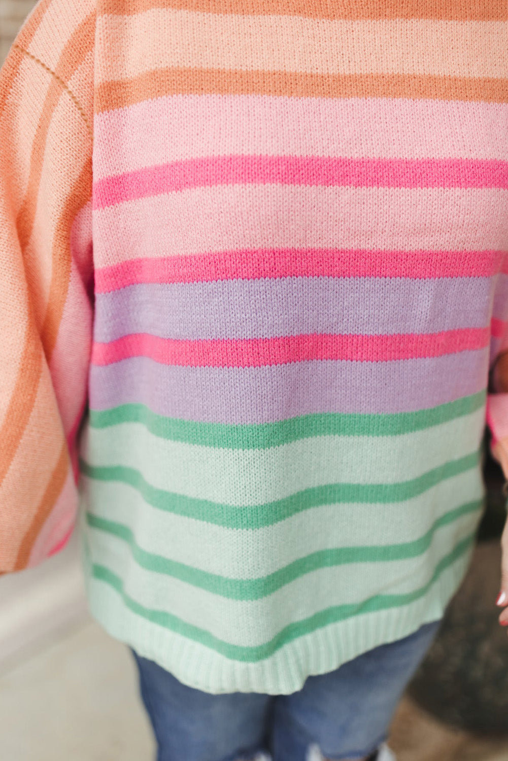 Pink Stripe Color Block Balloon Sleeve Crewneck Plus Size Sweater