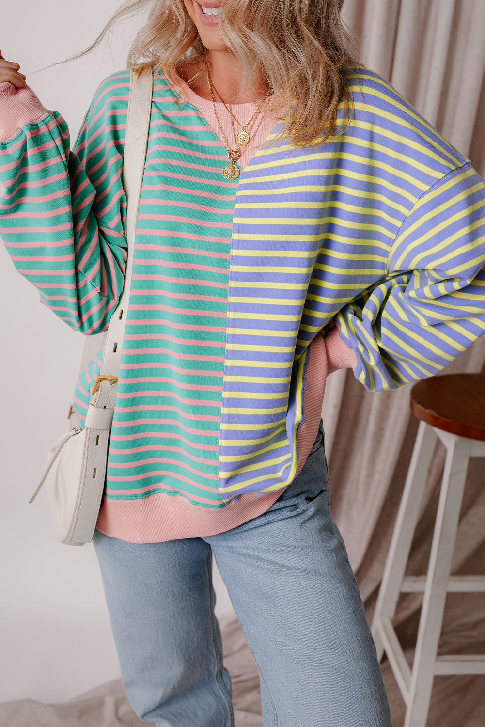 Brown Stripe Casual Stripe Colorblock Drop Shoulder Oversize Sweatshirt