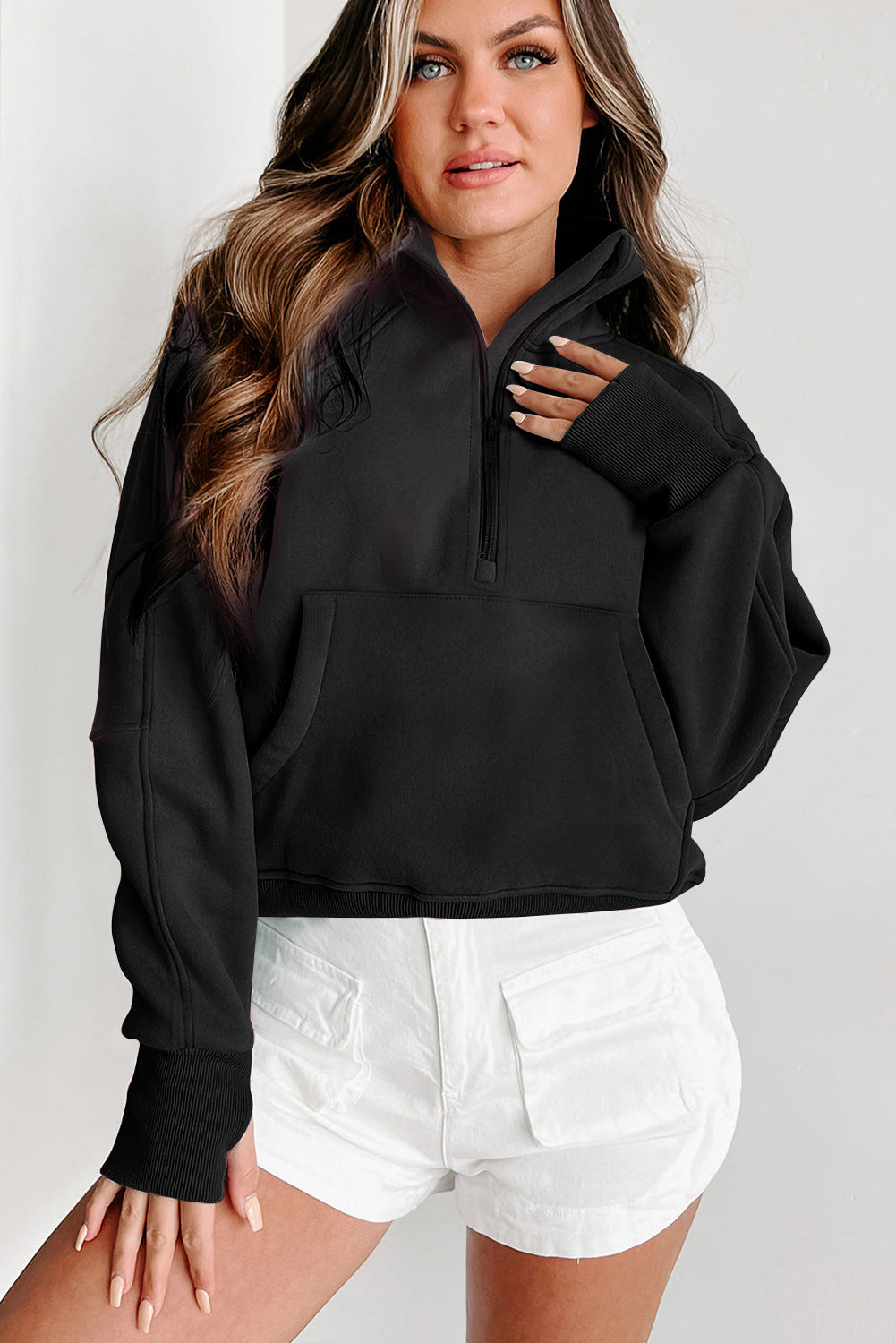 Phalaenopsis Fleece Lined Zip Up Stand Collar Thumbhole Sleeve Sweatshirt