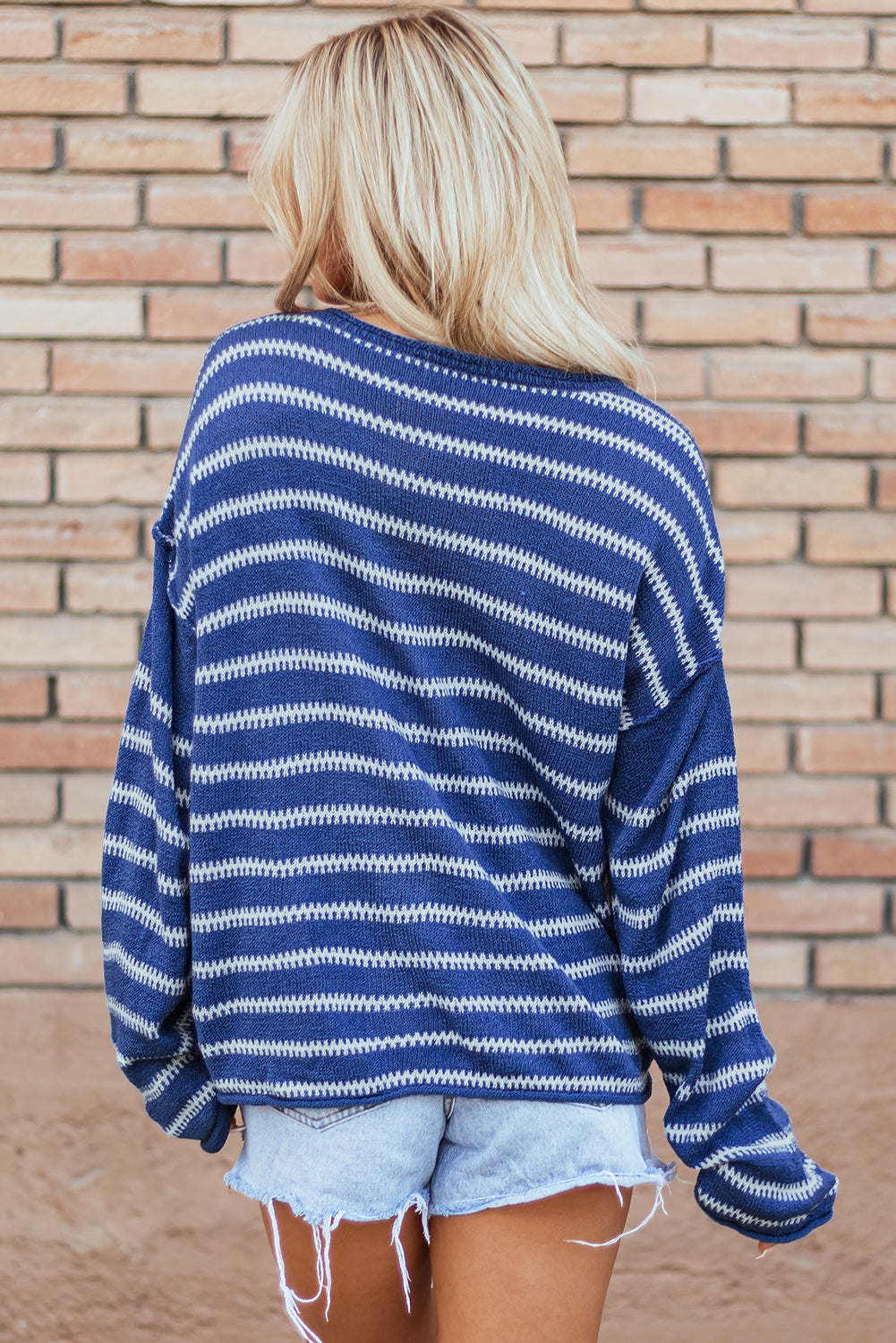 Sky Blue Stripe Drop Shoulder Casual Sweater