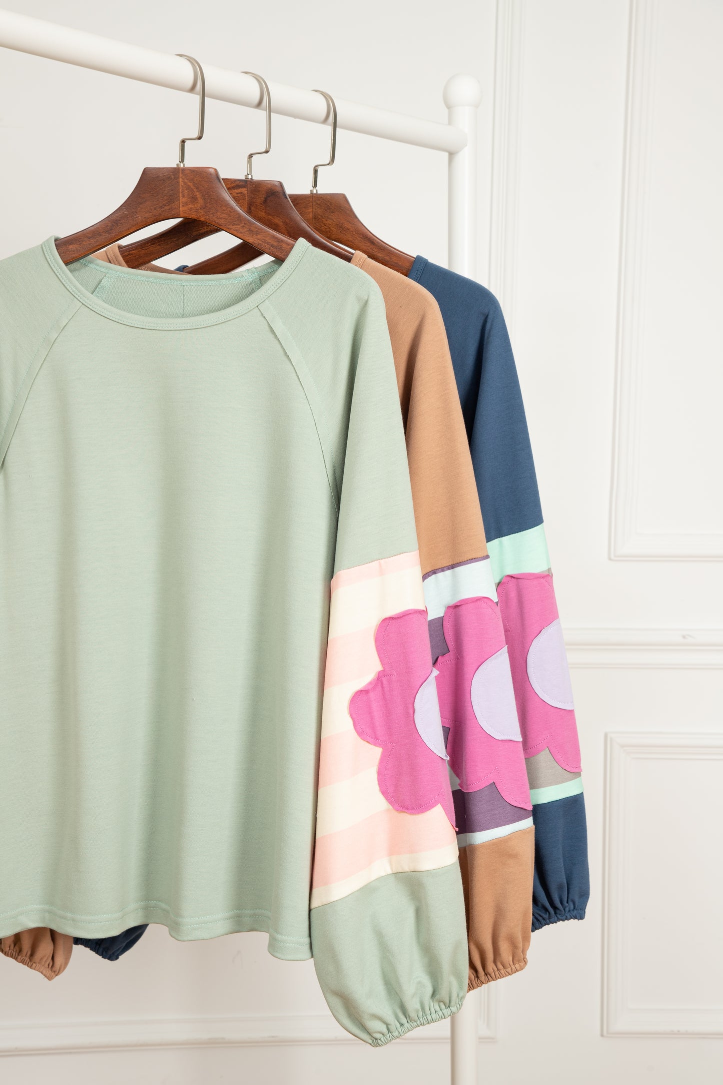 Smoke Green Flower Patchwork Raglan Sleeve Exposed Seam Oversized Top