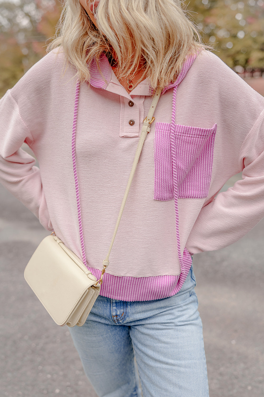 Light Pink Corded Colorblock Patch Pocket Drawstring Hoodie