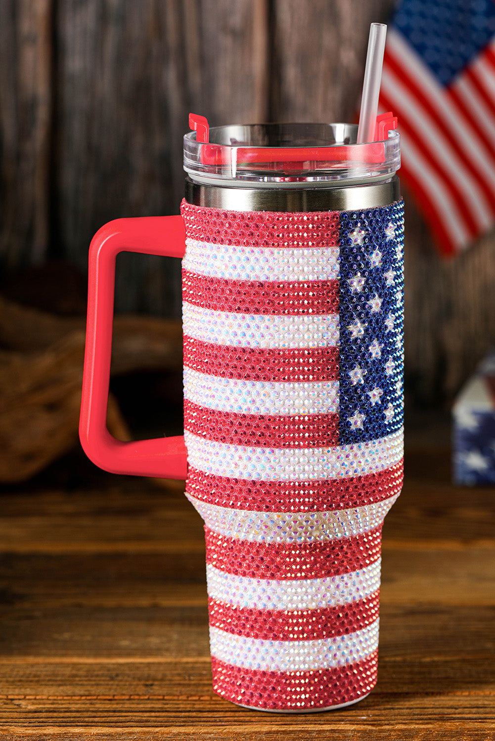 Red Rhinestone American Flag Print Handled 40oz Thermos Tumbler