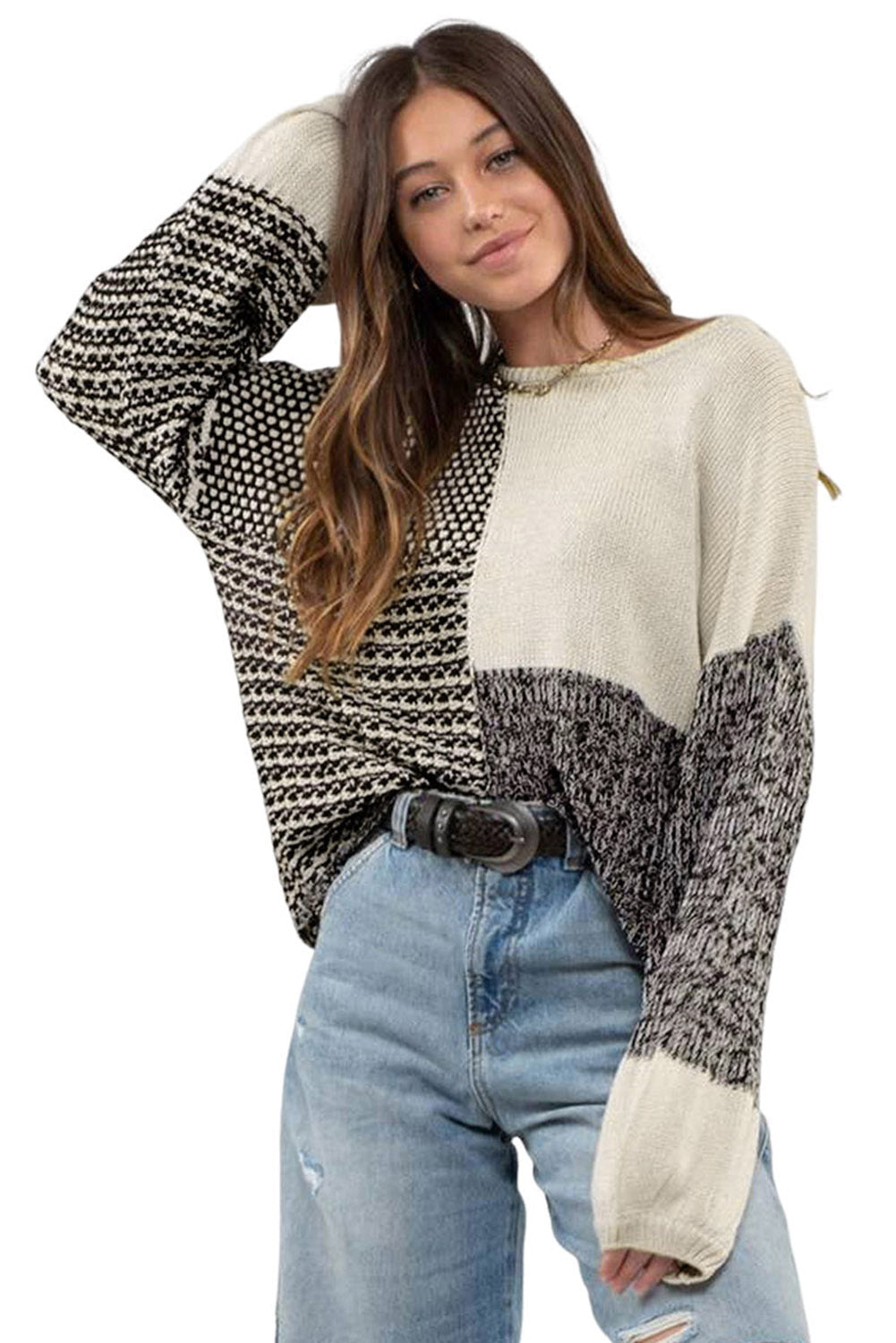 Bonbon Neutral Colorblock Tie Back Sweater