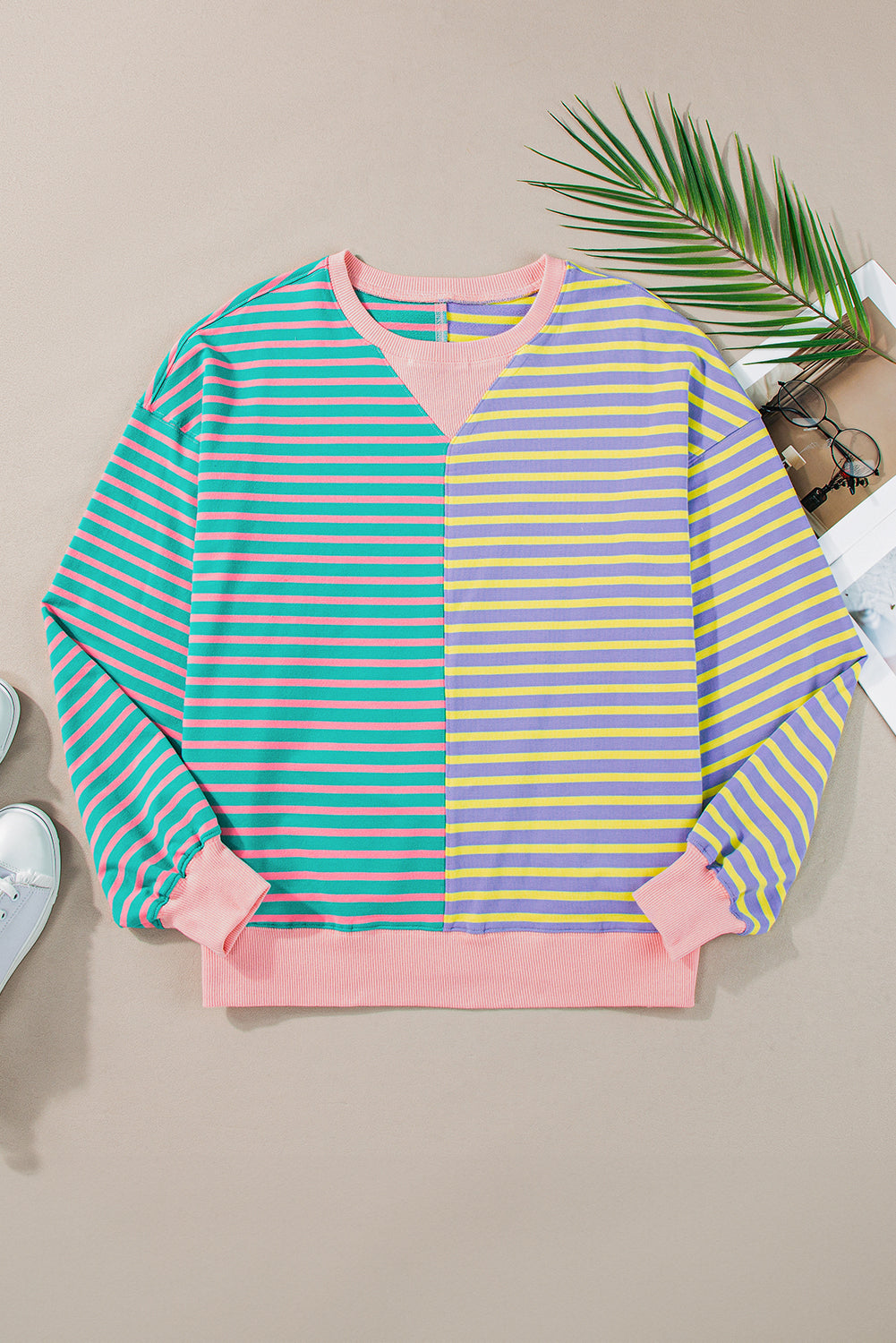 Brown Stripe Casual Stripe Colorblock Drop Shoulder Oversize Sweatshirt