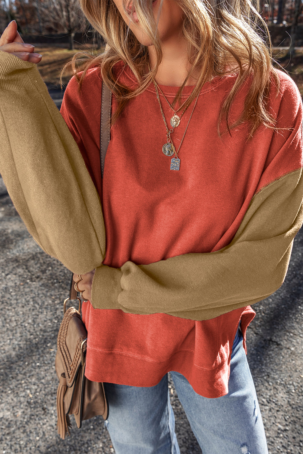 Mineral Red Two Tone Patchwork Drop Shoulder Pullover Sweatshirt