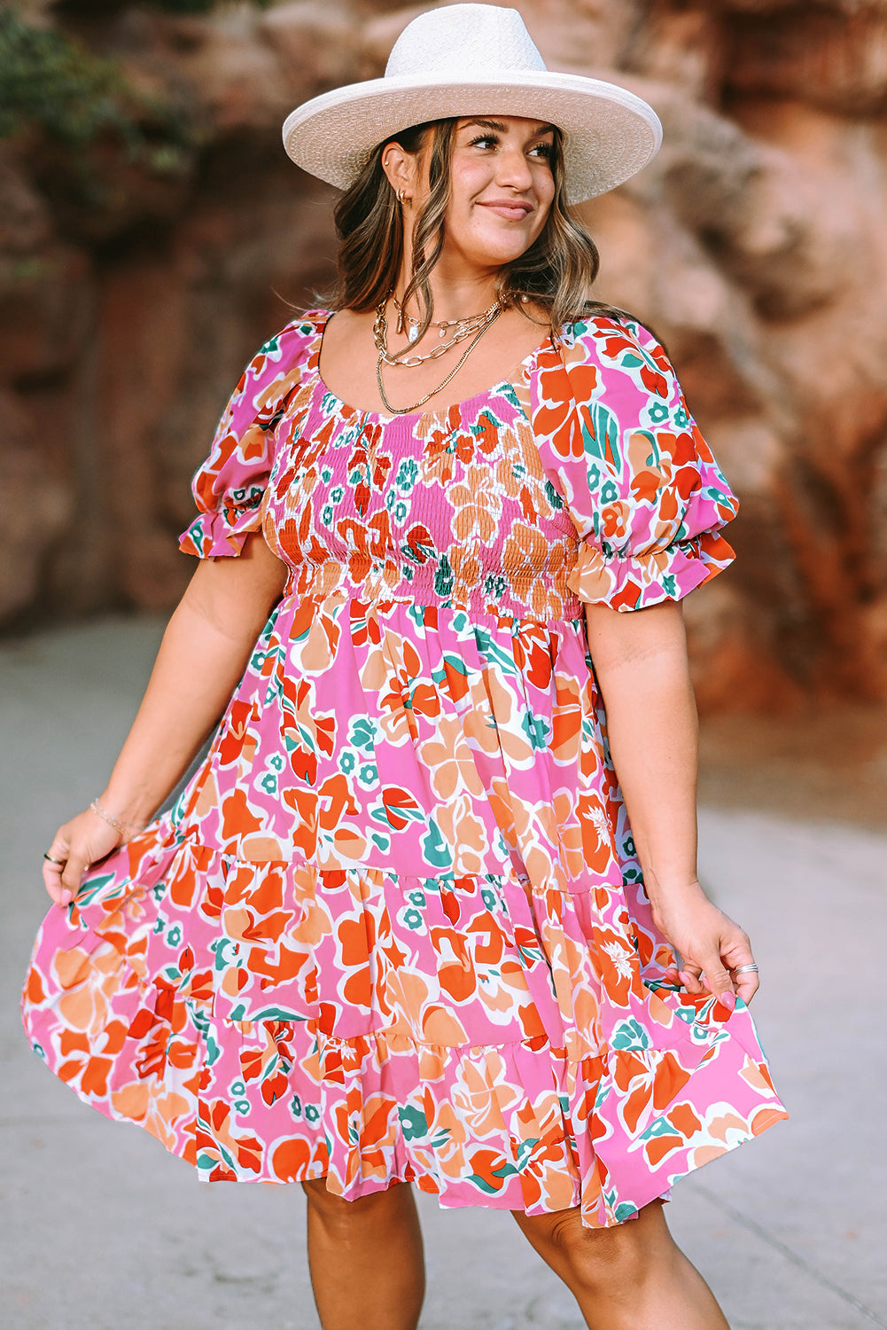 Pink Plus Size Floral Print Smocked Ruffle Tiered Dress