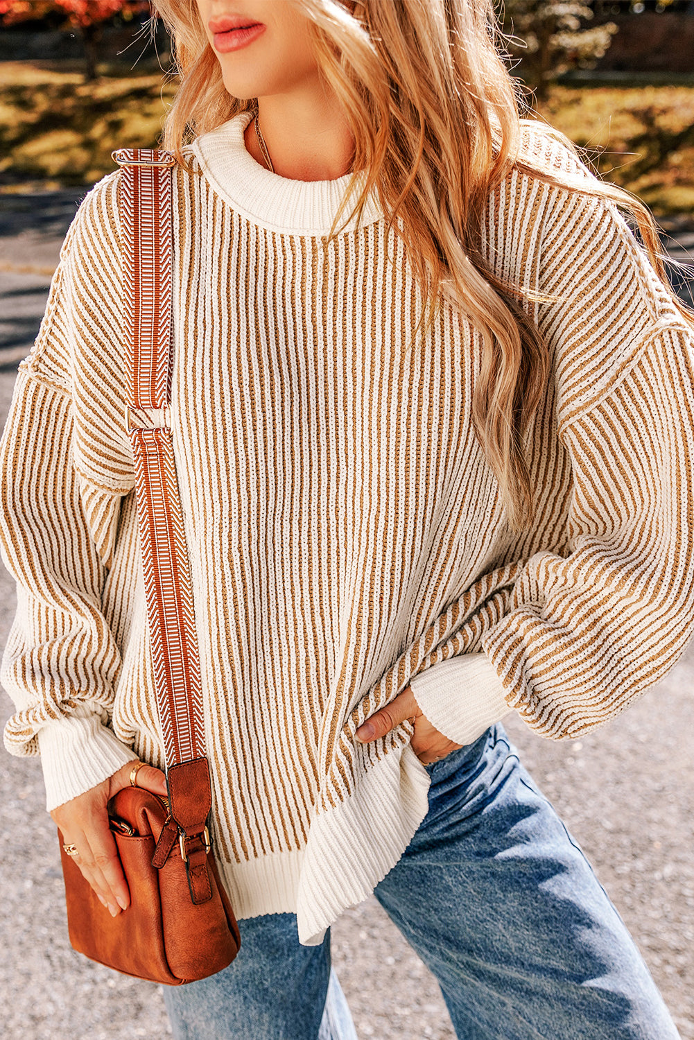 Chestnut Striped Textured Knit Contrast Edge Loose Sweater