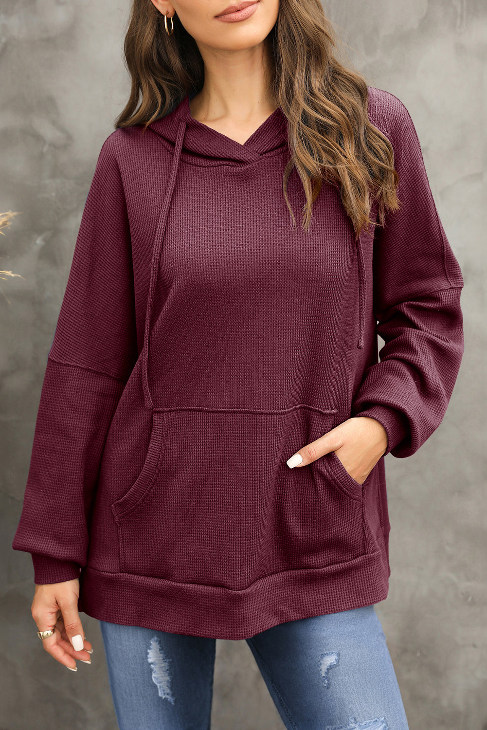 Coffee Waffle Knit Fleece Lined High Low Oversized Hoodie