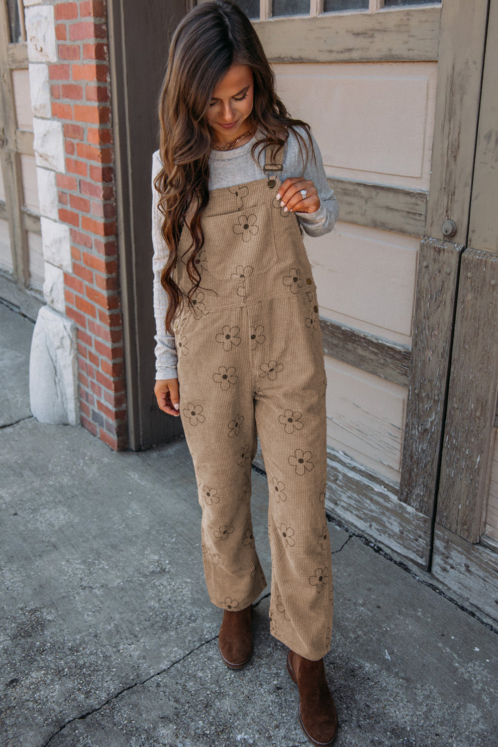 Khaki Flower Print Corduroy Overalls