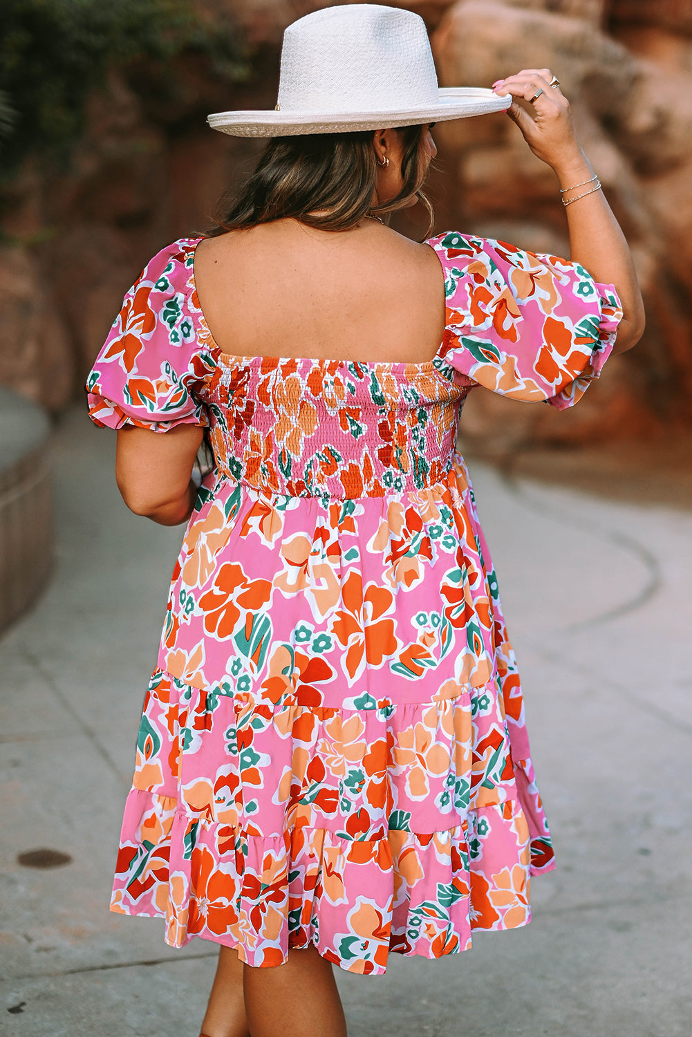 Pink Plus Size Floral Print Smocked Ruffle Tiered Dress