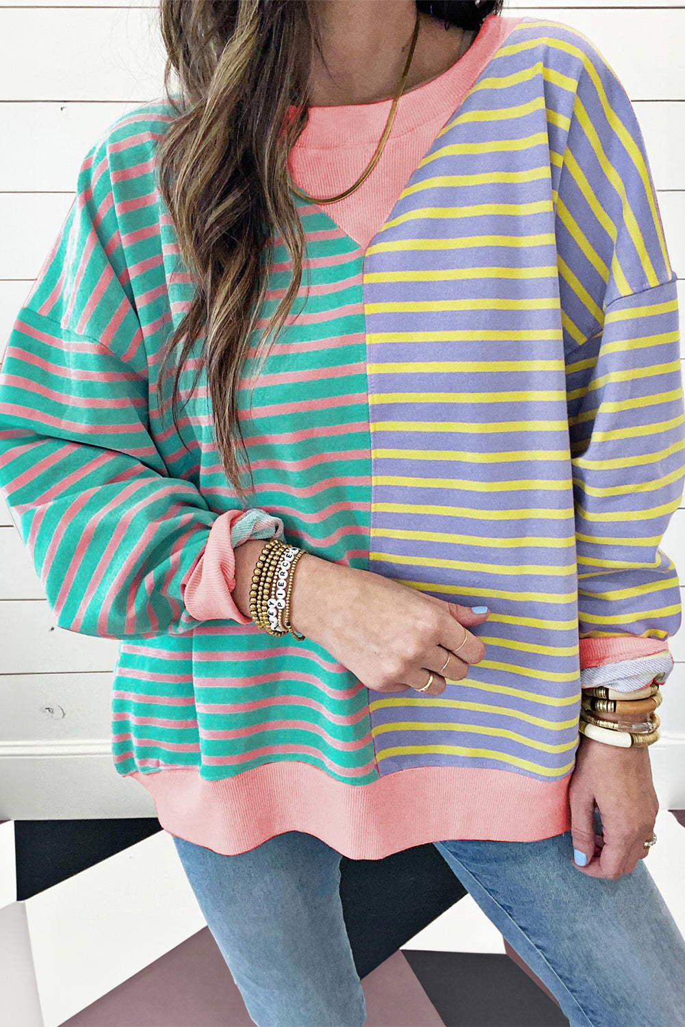 Brown Stripe Casual Stripe Colorblock Drop Shoulder Oversize Sweatshirt