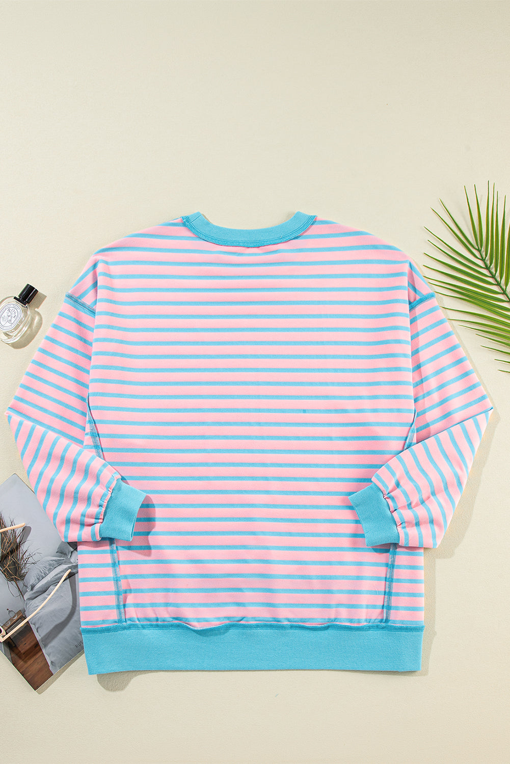 Pink Stripe Contrast Trim High Low Pullover Tunic Sweatshirt