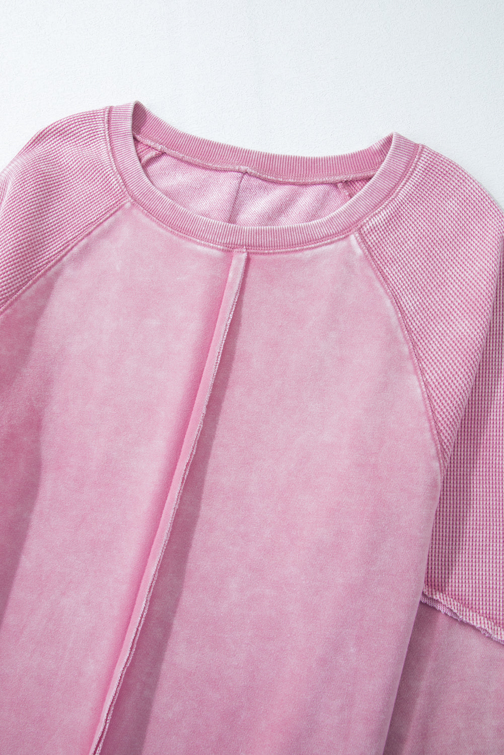 Pink Solid Waffle Knit Patchwork Raglan Sleeve Sweatshirt