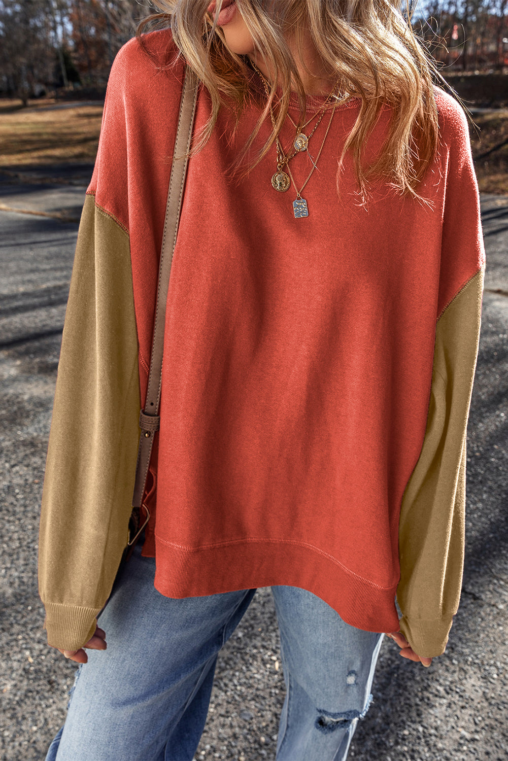 Mineral Red Two Tone Patchwork Drop Shoulder Pullover Sweatshirt