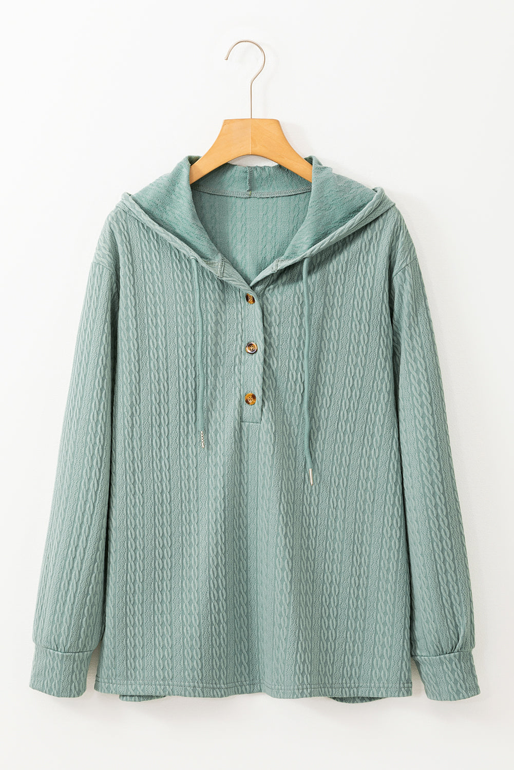 Mint Green Button Front Textured Drawstring Hooded Long Sleeve Top