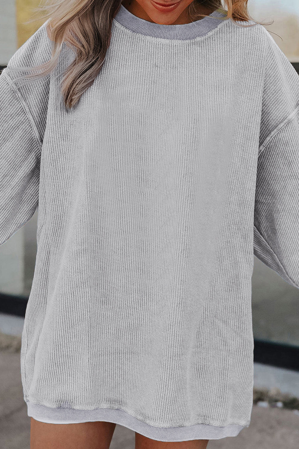 Smoke Gray Ribbed Corduroy Oversized Sweatshirt