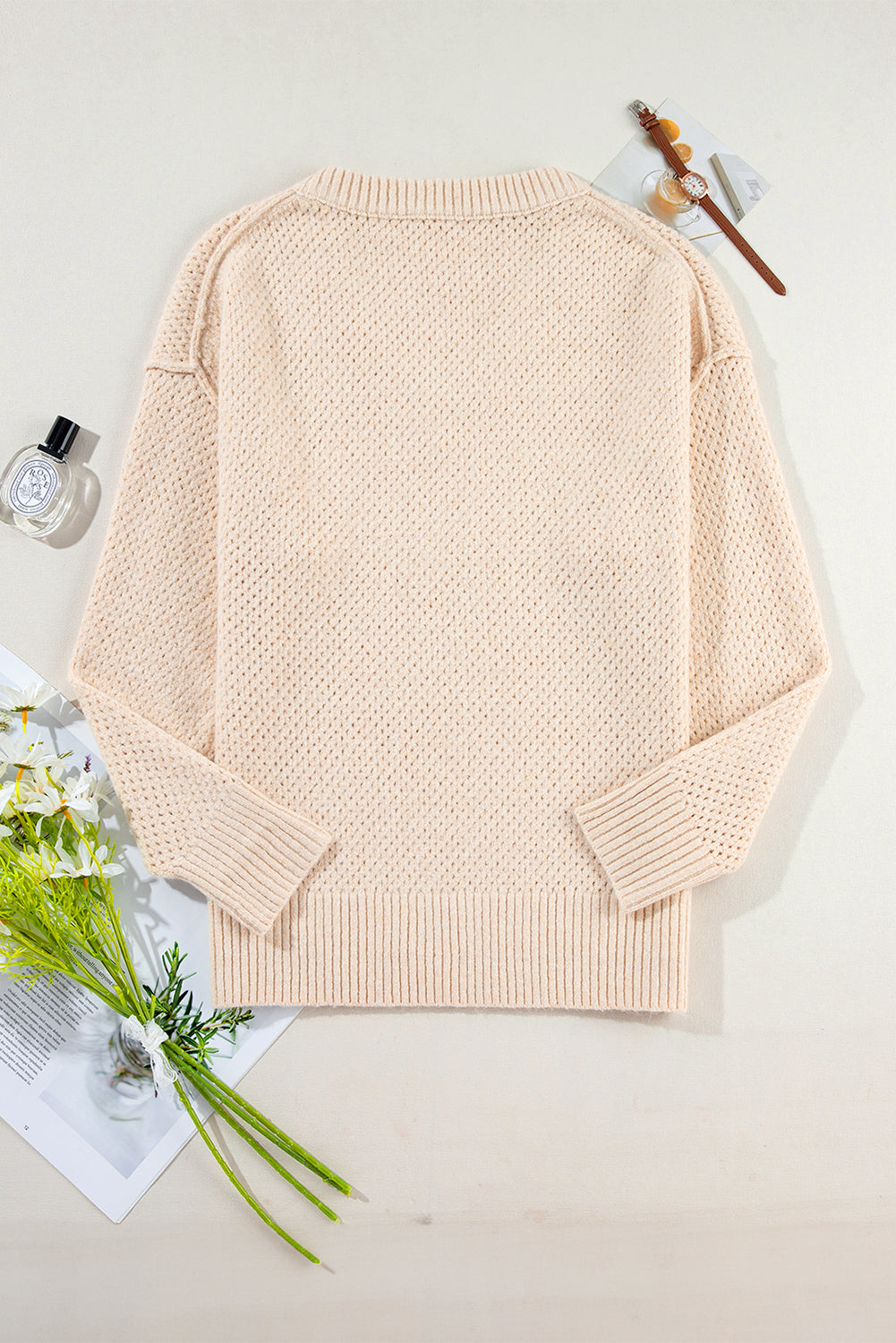 Parchment Loose Eyelet V Neck Drop Shoulder Sweater