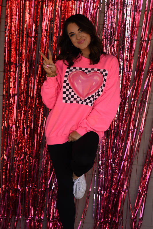 Neon Pink Checkered Heart Sweatshirt