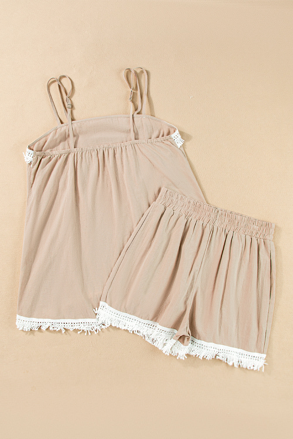 Pale Khaki Fringe Crochet Double Strap Tank Top and Shorts Set