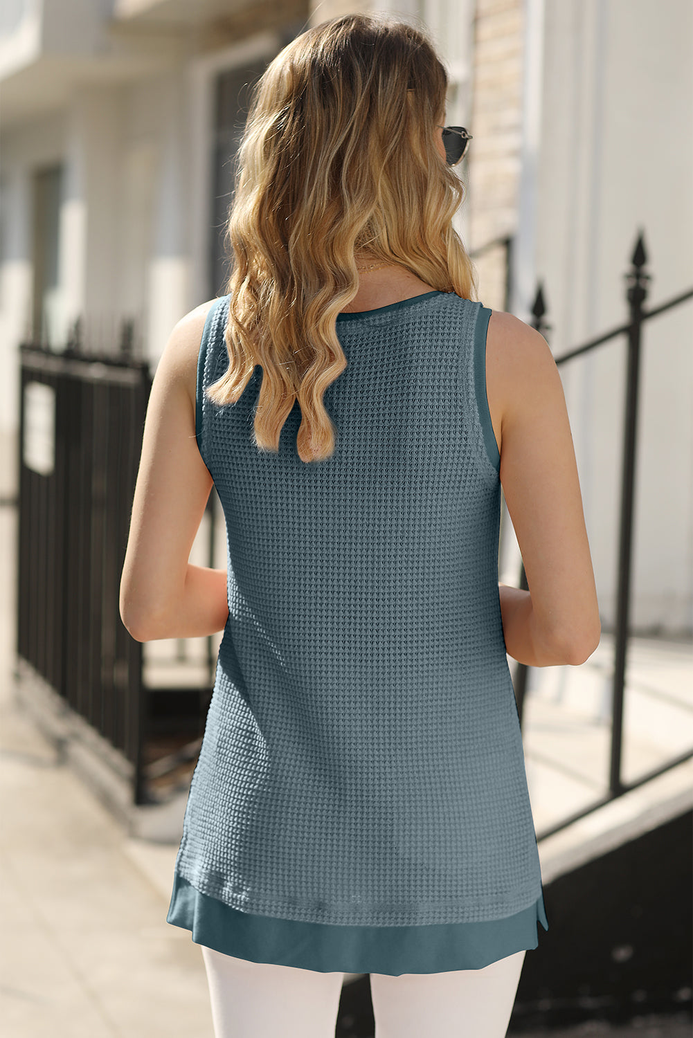 Real Teal Scoop Neck Waffle Knit Flowy Vest