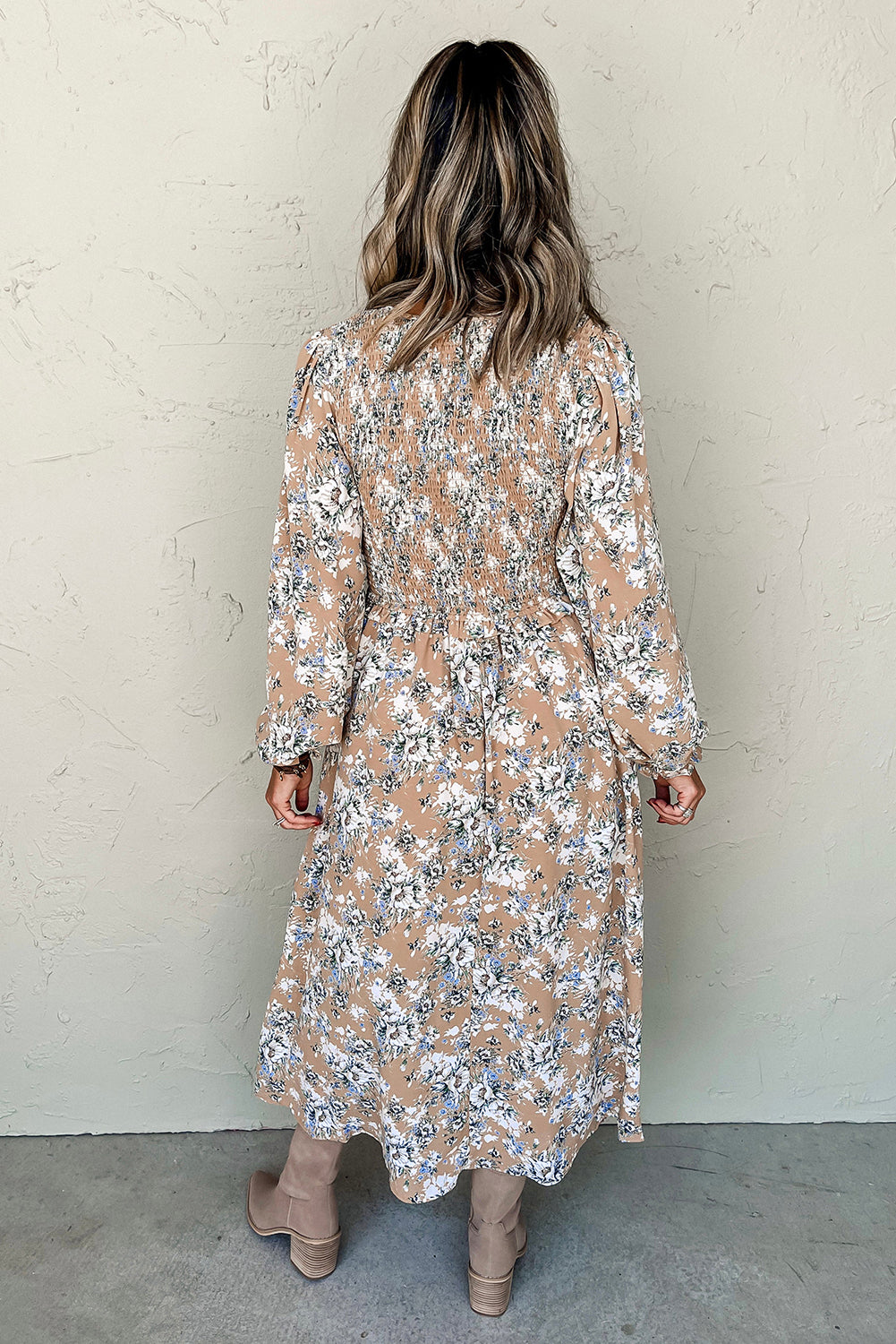 Khaki Maple Grove Floral Smocked Puff Sleeve Long Dress