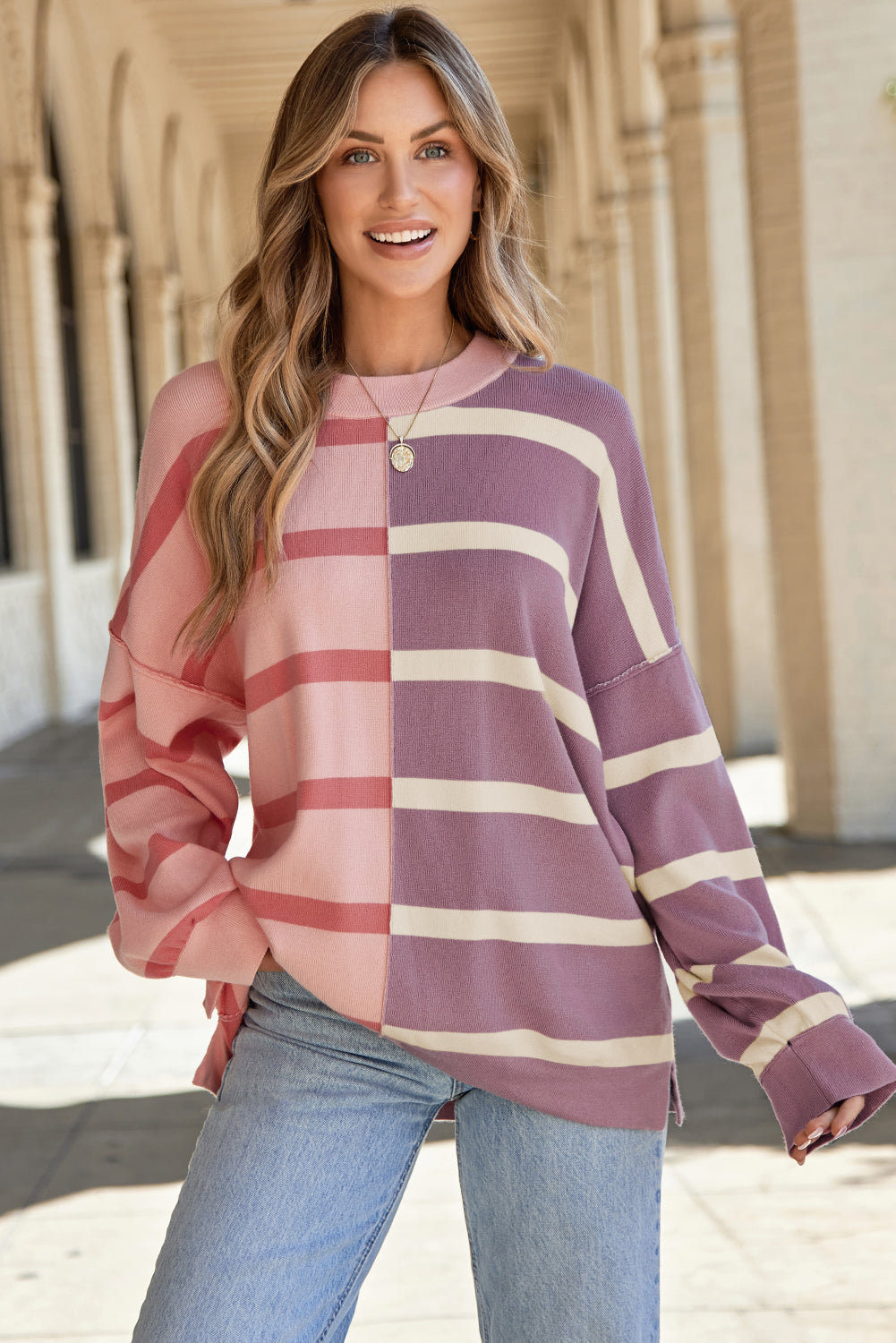 Pink Stripe Colorblock Oversized Sweater