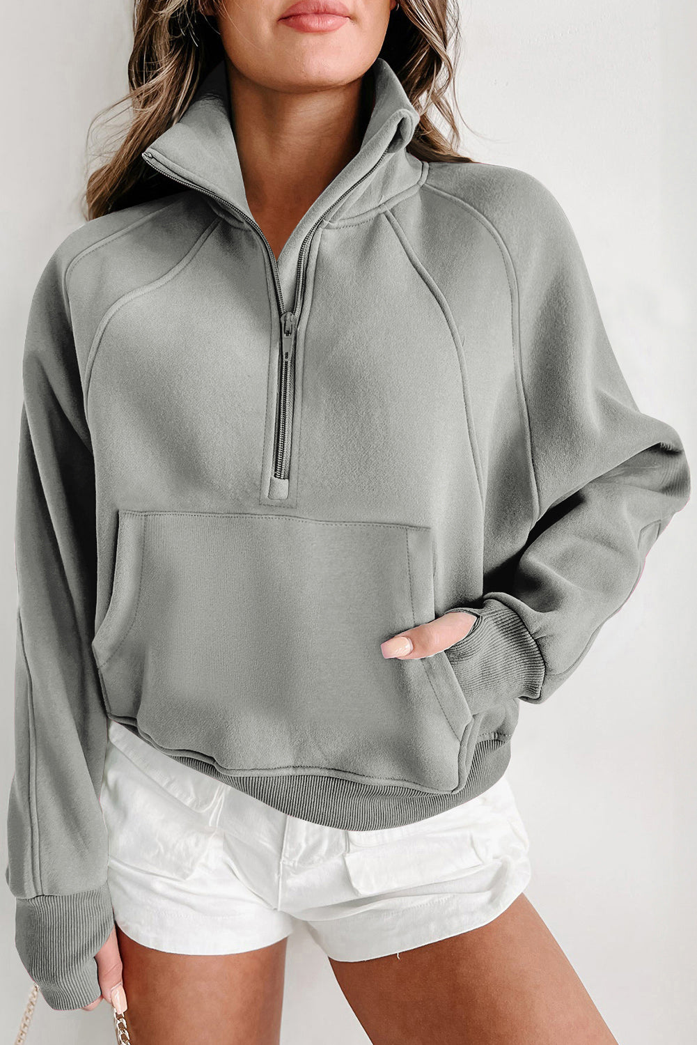 Phalaenopsis Fleece Lined Zip Up Stand Collar Thumbhole Sleeve Sweatshirt