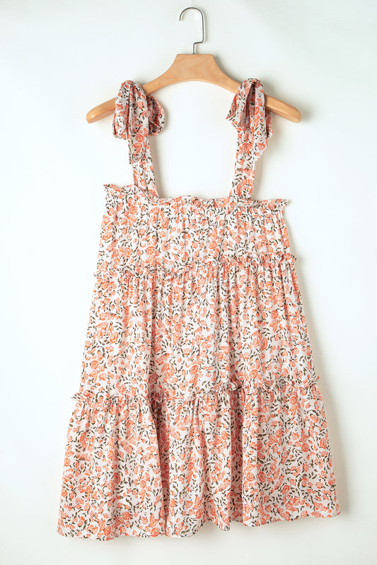 Orange Rose Floral Knotted Straps Tiered Babydoll Dress