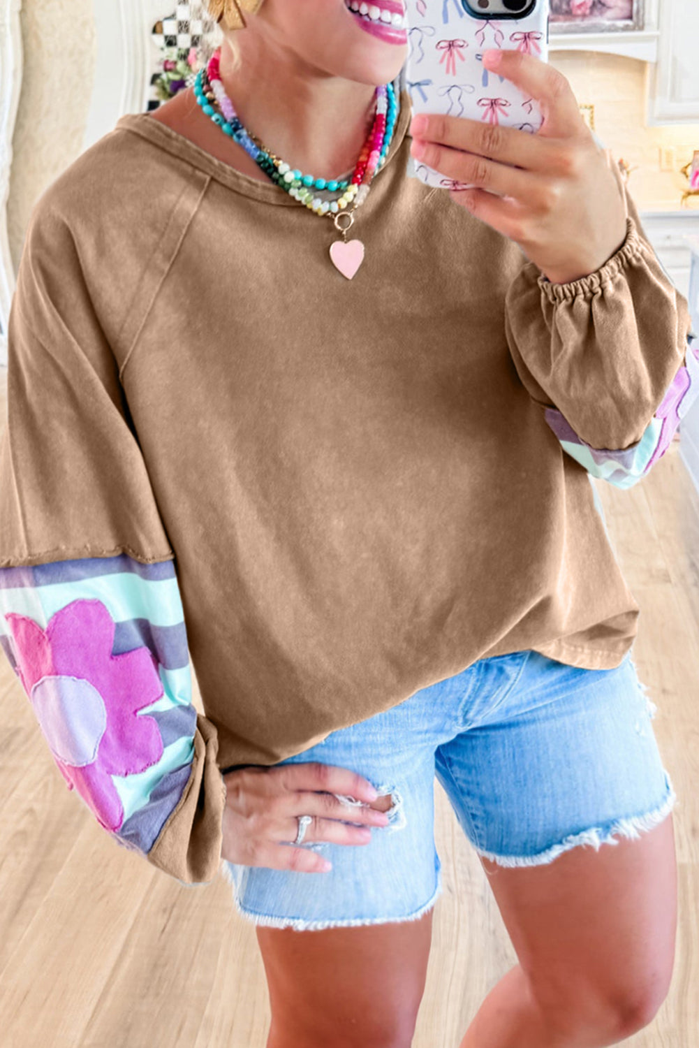 Smoke Green Flower Patchwork Raglan Sleeve Exposed Seam Oversized Top