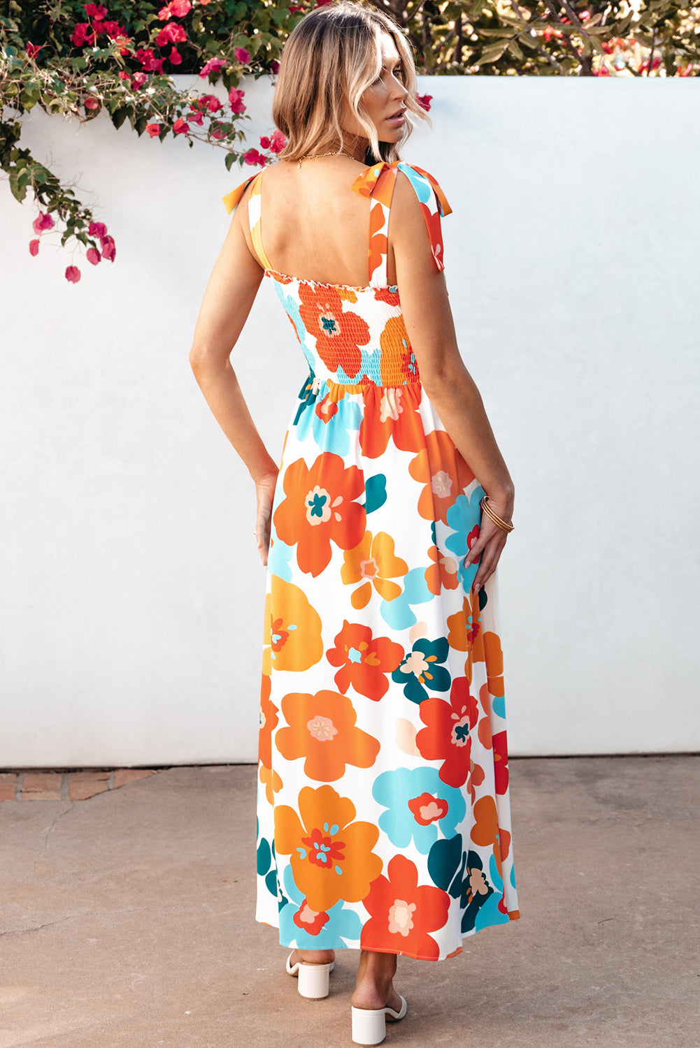 Orange Floral Self Tied Straps Smocked Bust Maxi Dress