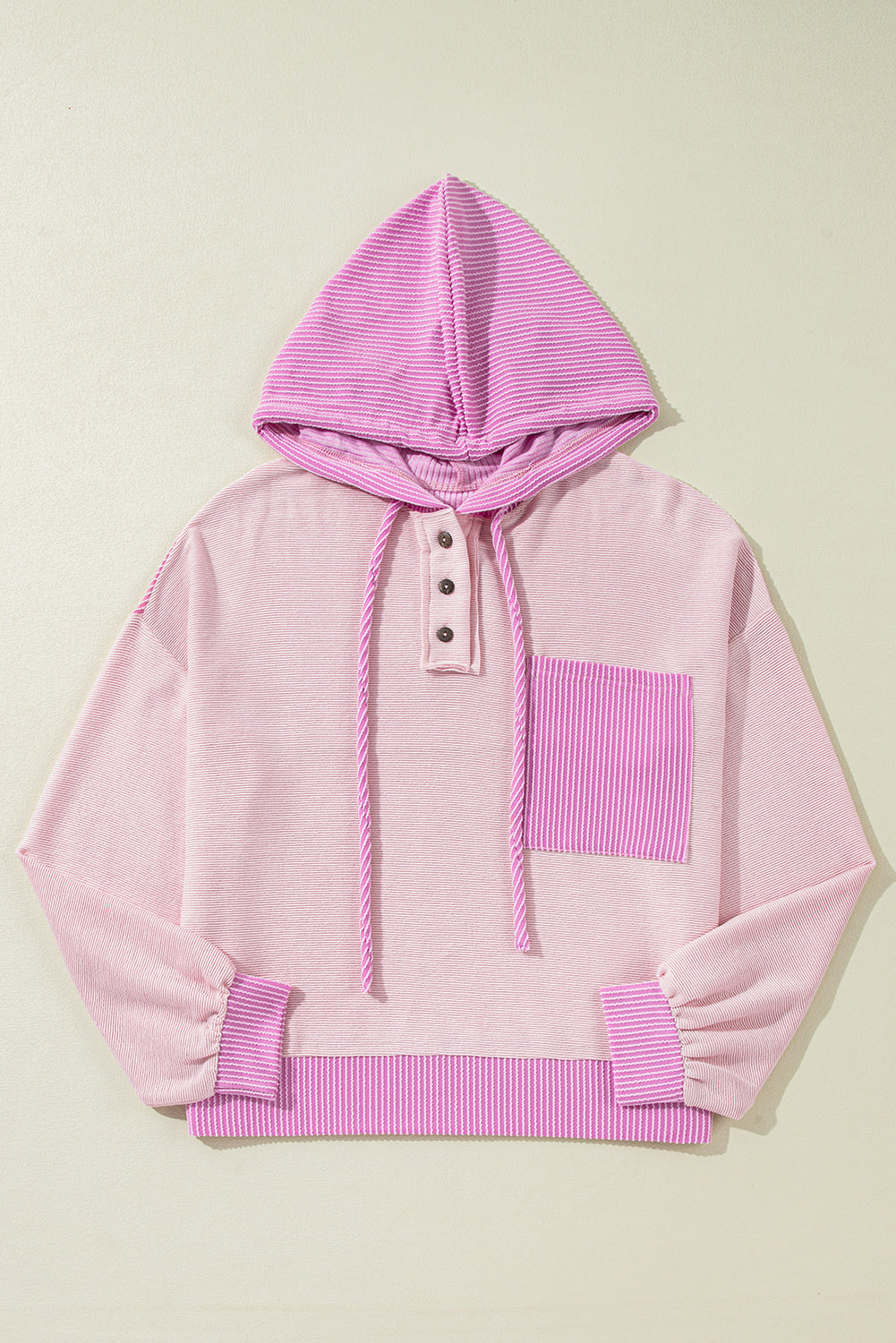 Light Pink Corded Colorblock Patch Pocket Drawstring Hoodie