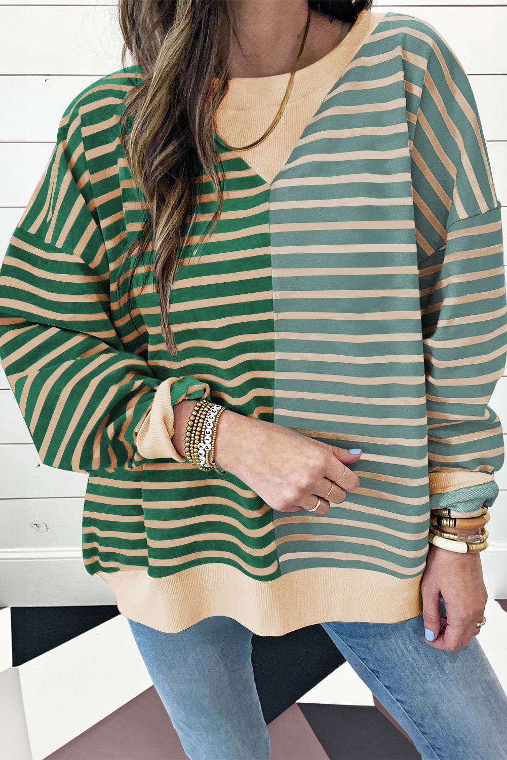 Brown Stripe Casual Stripe Colorblock Drop Shoulder Oversize Sweatshirt