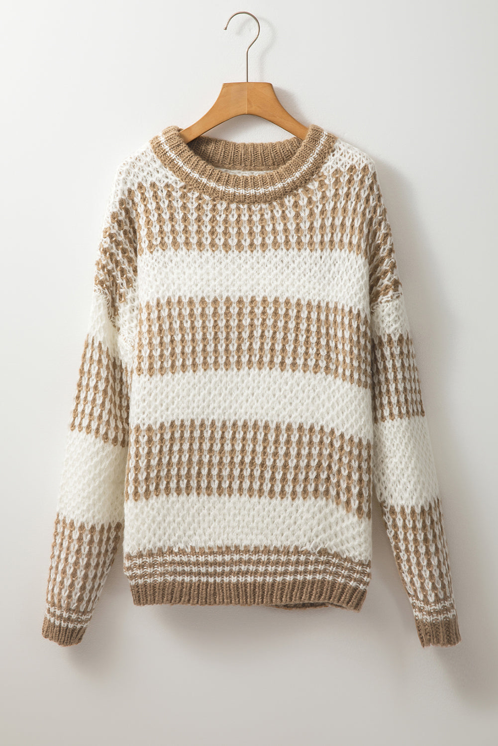 Brown Stripe Drop Shoulder Round Neck Loose Sweater