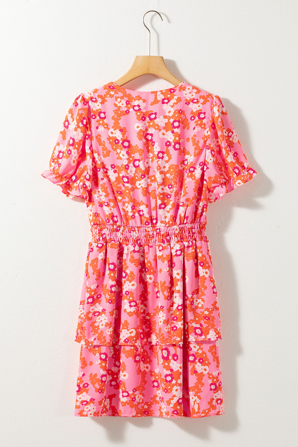 Pink Floral V Neck Short Ruffle Tiered Dress