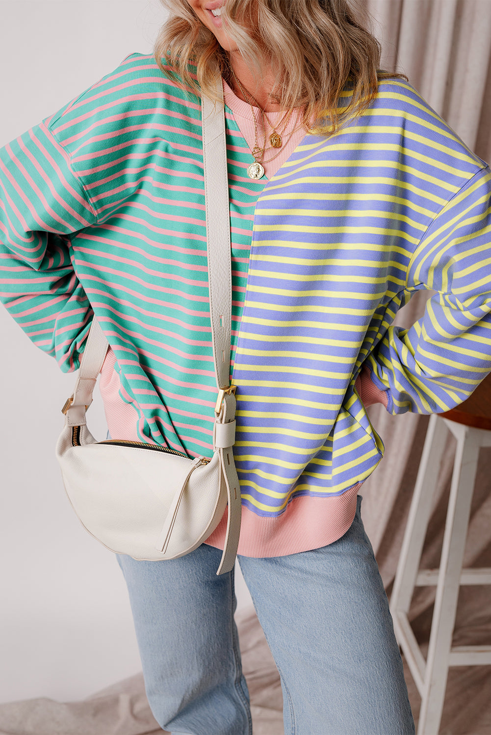 Brown Stripe Casual Stripe Colorblock Drop Shoulder Oversize Sweatshirt