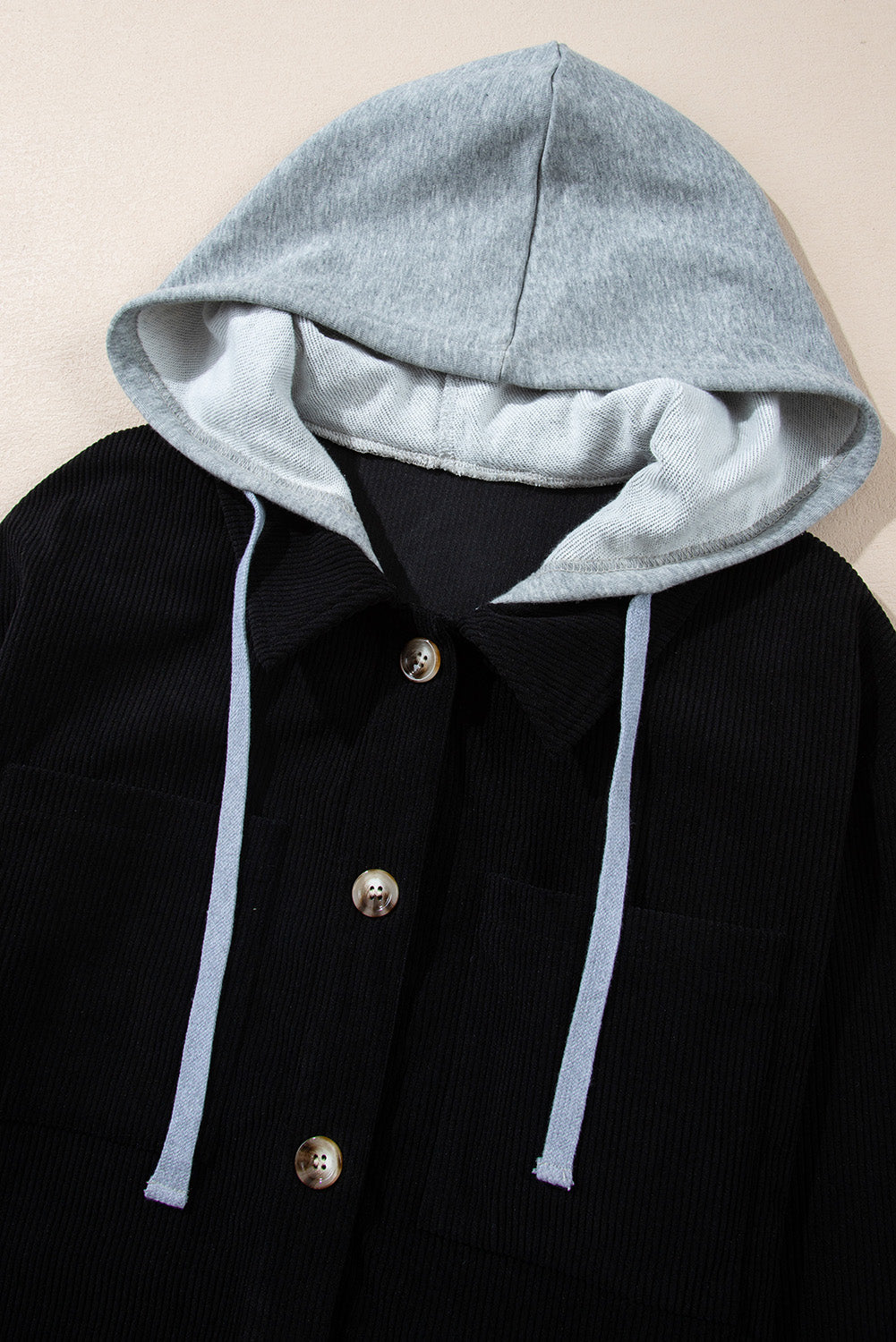 Coffee Hooded Drawstring Pockets Corduroy Shacket