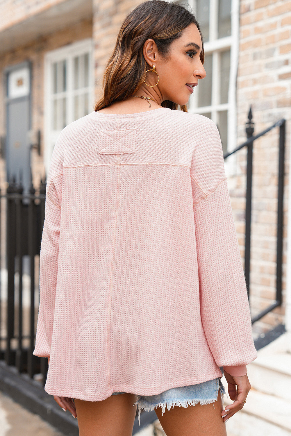 Light Pink Waffle V Neck Long Sleeve Drop Shoulder Loose Blouse