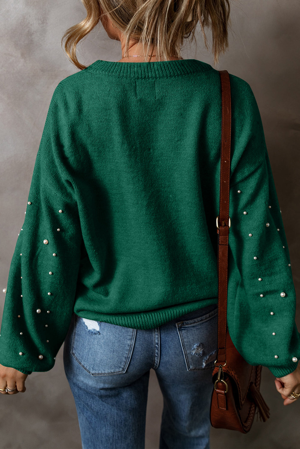 Evergreen Pearled Drop Shoulder Round Neck Sweater