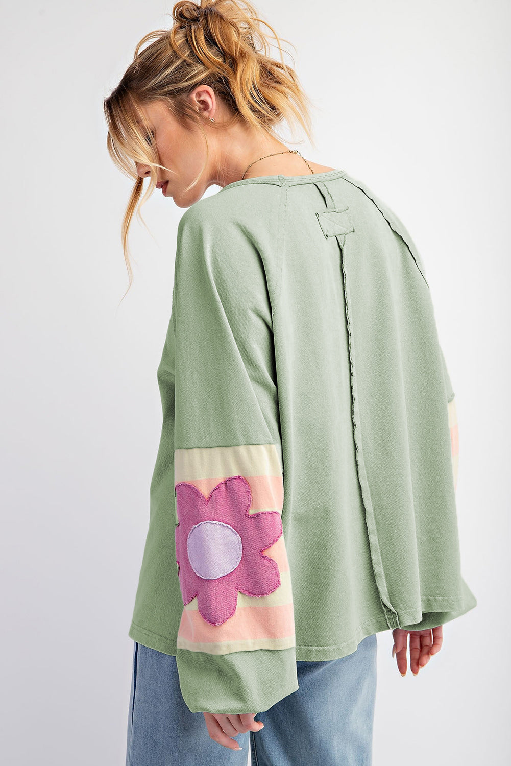 Smoke Green Flower Patchwork Raglan Sleeve Exposed Seam Oversized Top