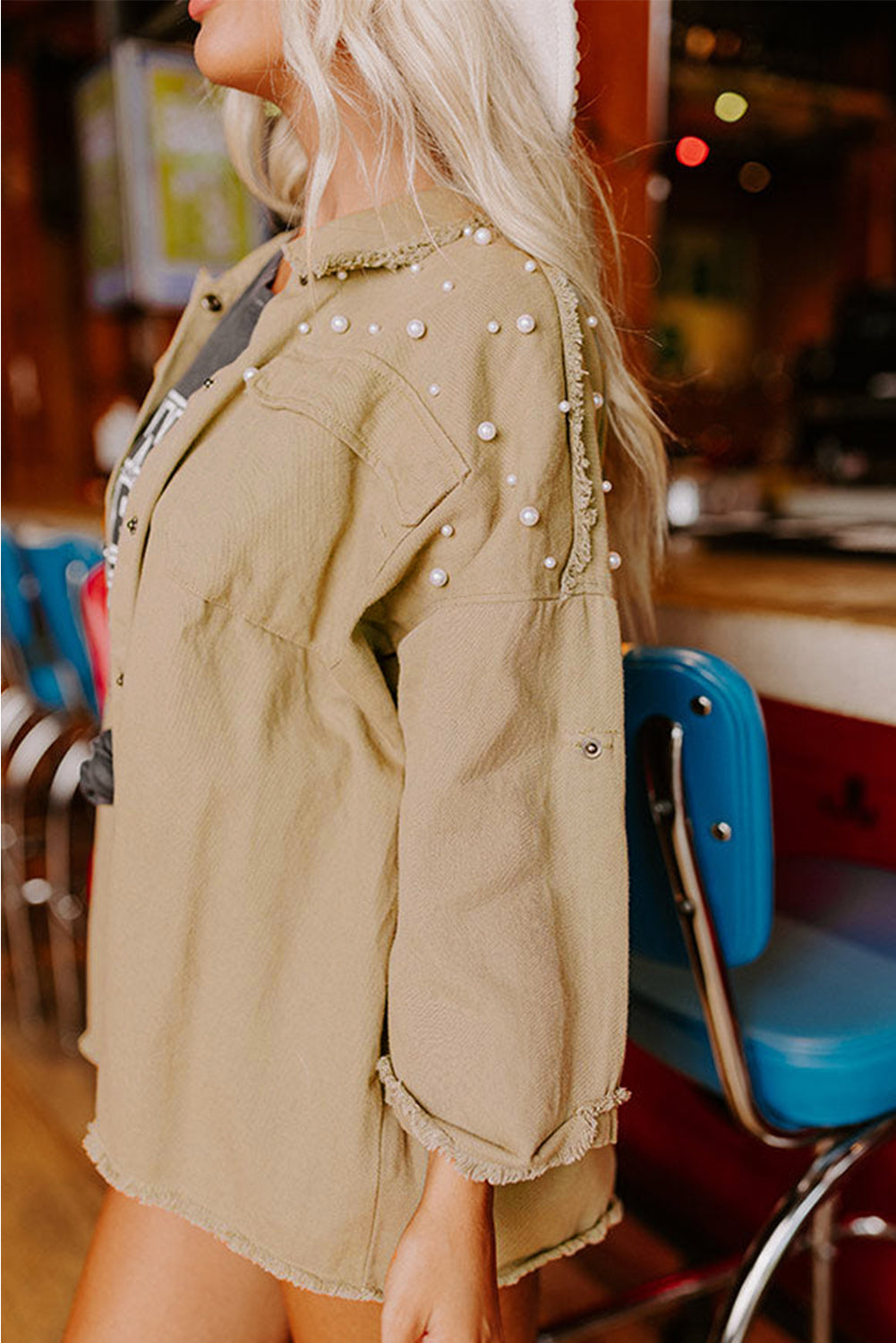 Khaki Pearl Beaded Raw Hem Button Up Denim Jacket